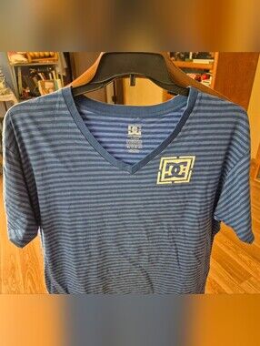 DC Blue and Navy Striped V‑Neck Tee